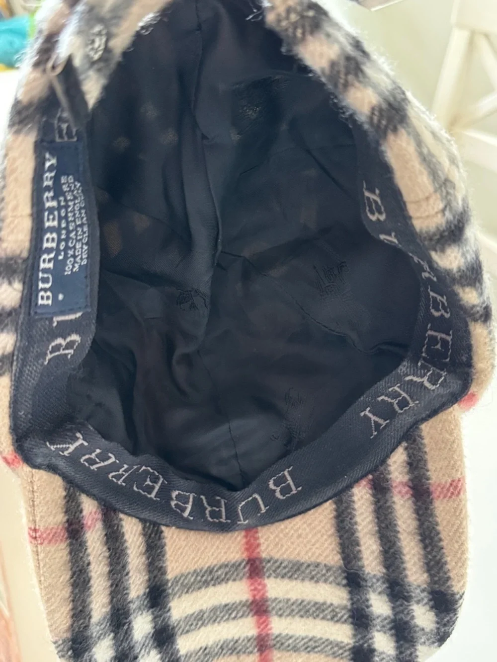 Burberry London 100% Cashmere Beige Plaid Cap with Black and Red Checks